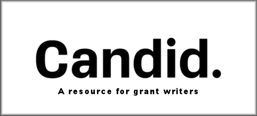 Graphic Link to Candid website. Black text on white button: Candid, a resource for grant writers.